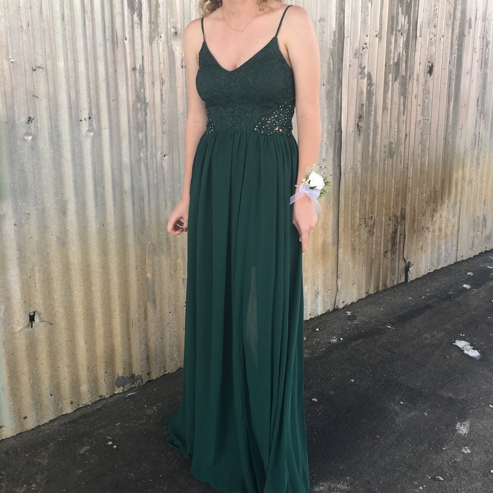 City Triangles Dark Green Lace Maxi Dress